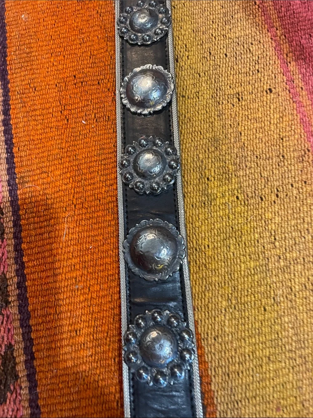 Another Line Black Western Faux Leather Belt with Engraved Pewter Conchos